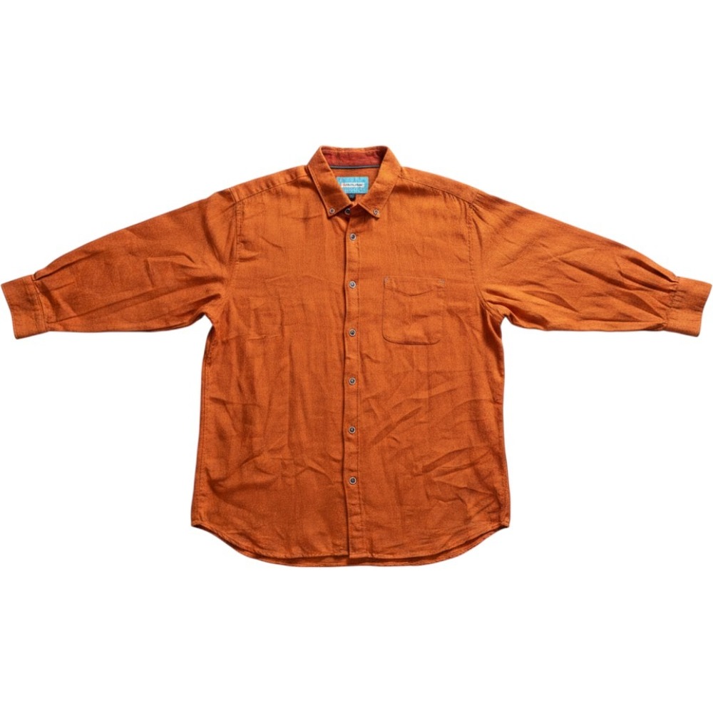 32 Bar Blues Button Down Shirt Mens XXL Orange Linen Cotton Textured Long Sleeve